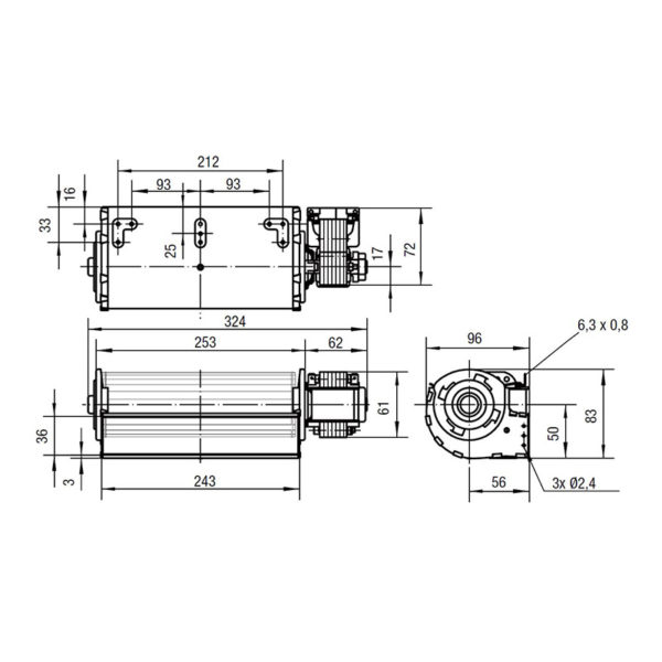 Ventilador tangencial ebmpapst QLZ06 de 240 mm derecha