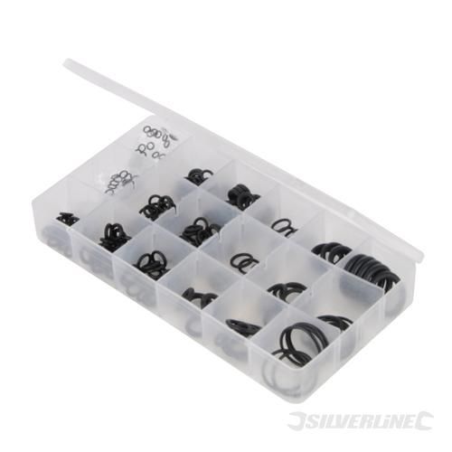 CAJA JUNTAS TORICAS 225 PIEZAS SILVERLINE Juego de arandelas de sellado variadas. Incluye los tamaños más utilizados, 3 x 6 - 20 x 27 mm. Ideal para fontanería