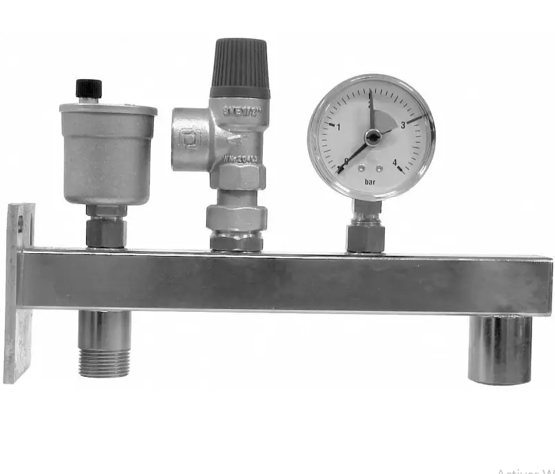 Soporte para vasos de expansion completo a pared con: purgador, válvula de seguridad 1/2 a 3 kg, manómetro 0-4 kg con aguja, retención en purgador, válvula y manómetro para posible desmontaje – AC04098