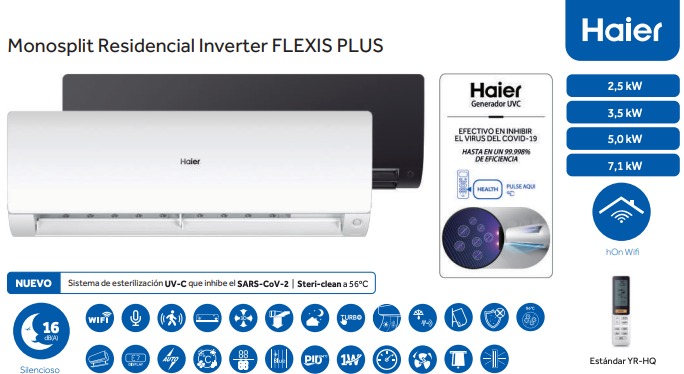 Aire Acondicionado SPLIT PARED INVERTER HAIER Serie FLEXIS+ | Modelo WI-FI AS35S2SF1FA | Refrigeración (W) 7.000 | Calefacción (W) 8.100