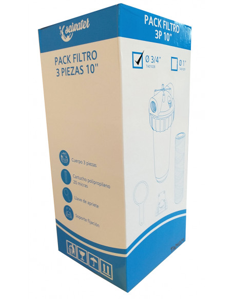 PACK FILTRO 3 PIEZAS 10" 3/4" + CARTUCHO POLIPROPILENO 20 MICRAS + LLAVE + SOPORTE