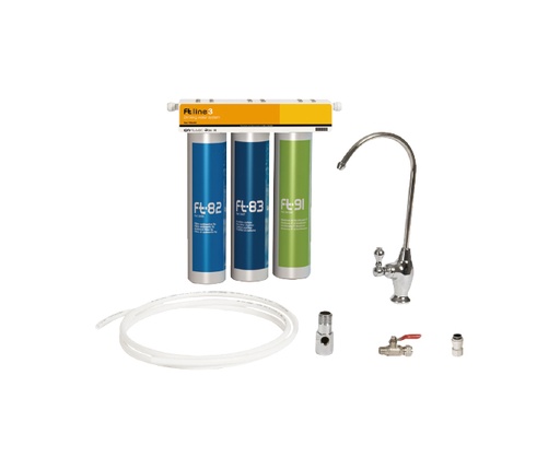 [795450] FT-Line 3 Filtración FT-Line ideal para uso doméstico y hostelería.  Dos filtros FT filtración en polipropileno 5 µm y carbón activo GAC +  kit montaje y grifo para encimera. – 795450